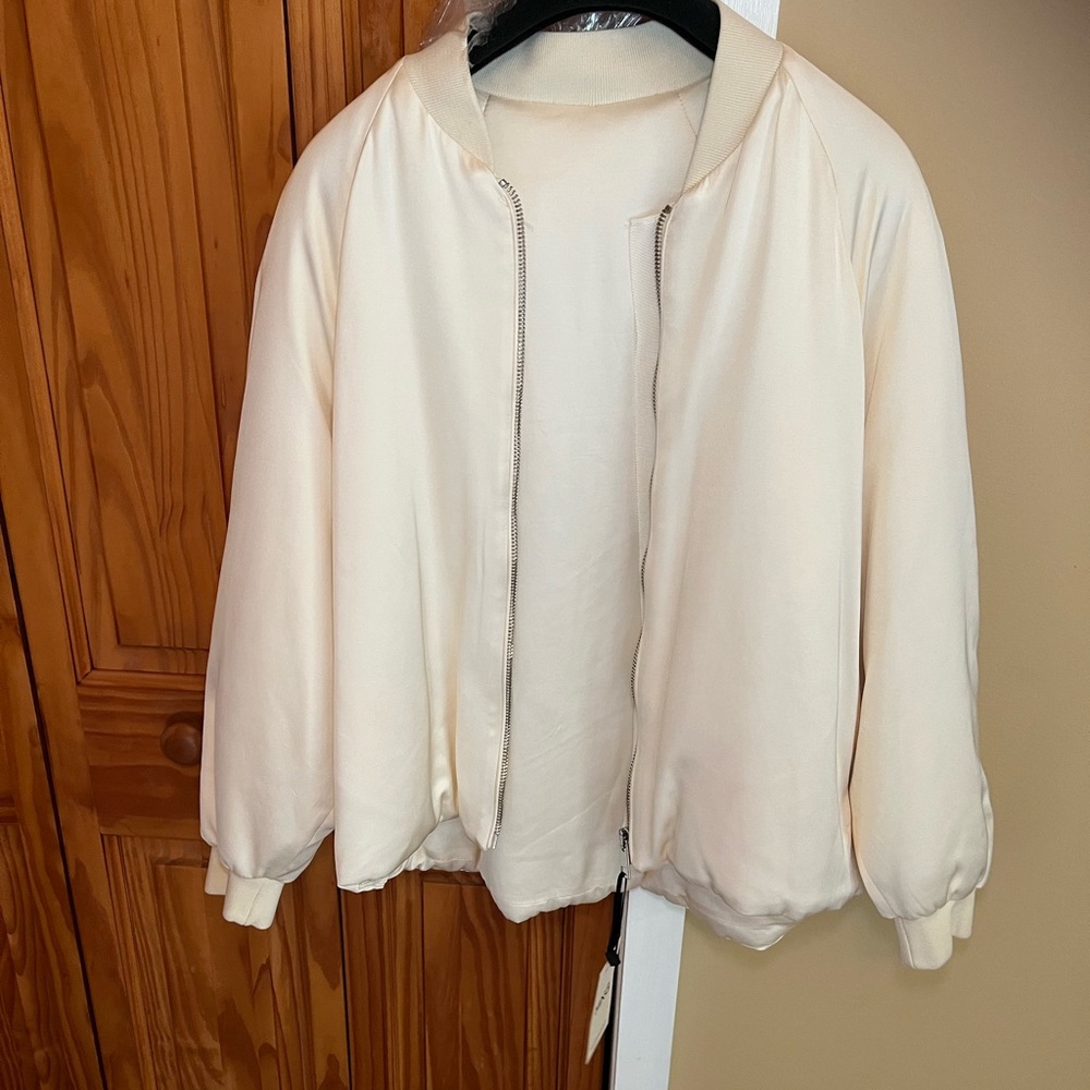Mango Elegant Off-White Satin Bomber Jacket NWT L